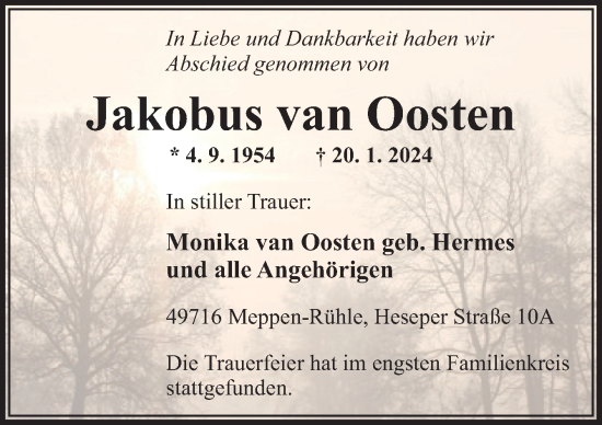 Traueranzeige von Jakobus van Oosten von Neue Osnabrücker Zeitung GmbH & Co. KG