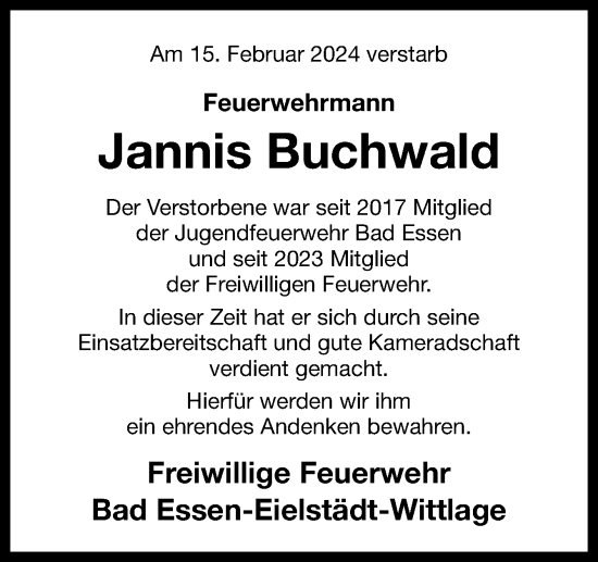 Traueranzeige von Jannis Buchwald von Neue Osnabrücker Zeitung GmbH & Co. KG