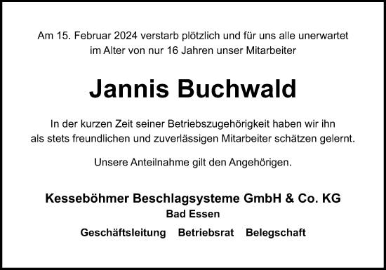 Traueranzeige von Jannis Buchwald von Neue Osnabrücker Zeitung GmbH & Co. KG