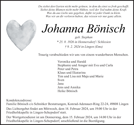 Traueranzeige von Johanna Bönisch von Neue Osnabrücker Zeitung GmbH & Co. KG