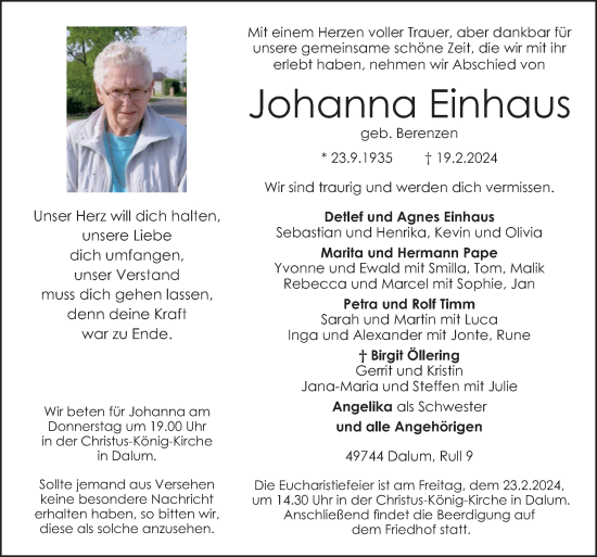 Traueranzeige von Johanna Einhaus von Neue Osnabrücker Zeitung GmbH & Co. KG