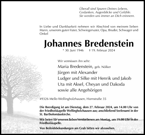 Traueranzeige von Johannes Bredenstein von Neue Osnabrücker Zeitung GmbH & Co. KG