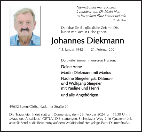 Traueranzeige von Johannes Diekmann von Neue Osnabrücker Zeitung GmbH & Co. KG
