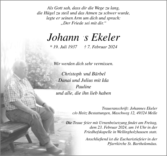 Traueranzeige von Johannes Ekeler von Neue Osnabrücker Zeitung GmbH & Co. KG