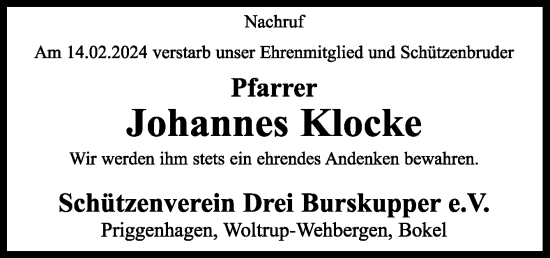 Traueranzeige von Johannes Klocke von Neue Osnabrücker Zeitung GmbH & Co. KG