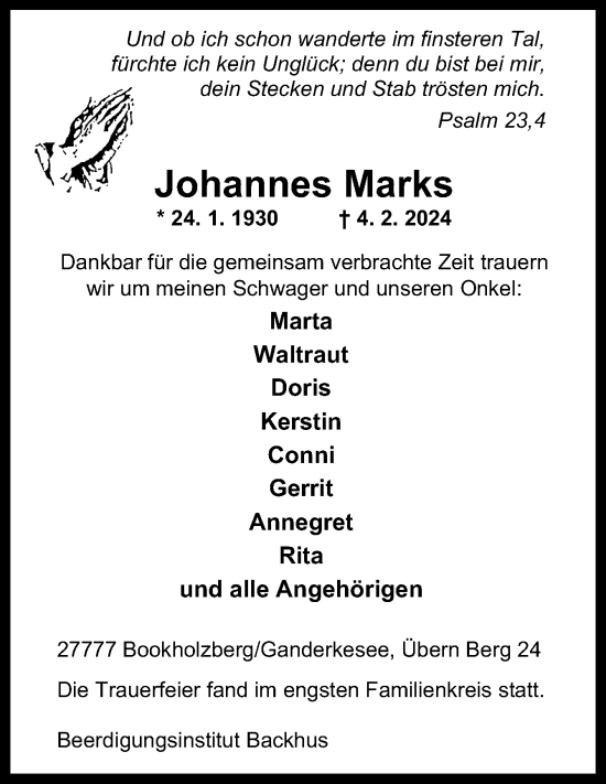 Traueranzeige von Johannes Marks von DK Medien GmbH & Co. KG