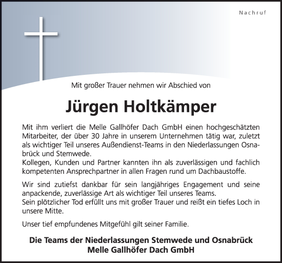 Traueranzeige von Jürgen Holtkämper von Neue Osnabrücker Zeitung GmbH & Co. KG