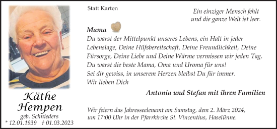 Traueranzeige von Käthe Hempen von Neue Osnabrücker Zeitung GmbH & Co. KG