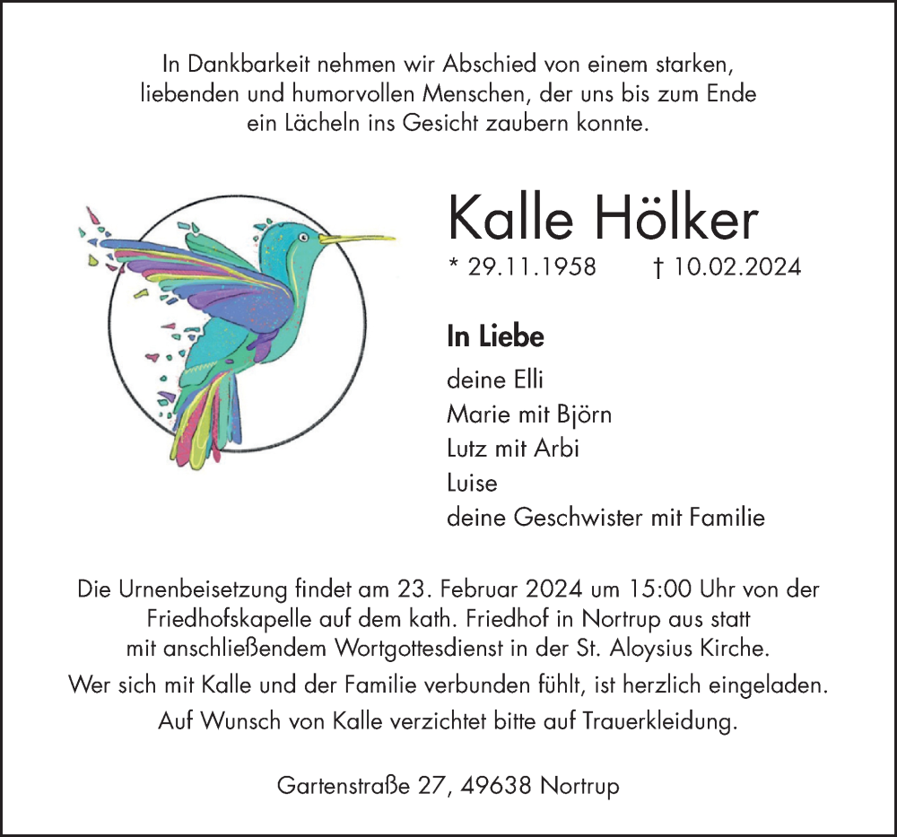  Traueranzeige für Kalle Hölker vom 17.02.2024 aus Neue Osnabrücker Zeitung GmbH & Co. KG