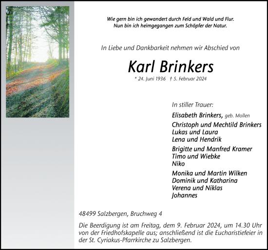 Traueranzeige von Karl Brinkers von Neue Osnabrücker Zeitung GmbH & Co. KG