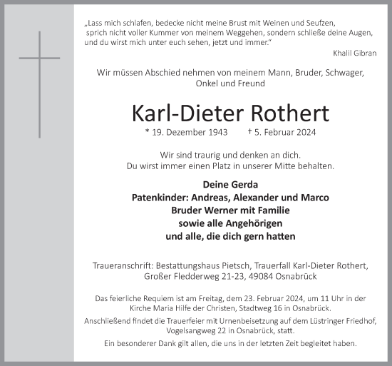 Traueranzeige von Karl-Dieter Rothert von Neue Osnabrücker Zeitung GmbH & Co. KG