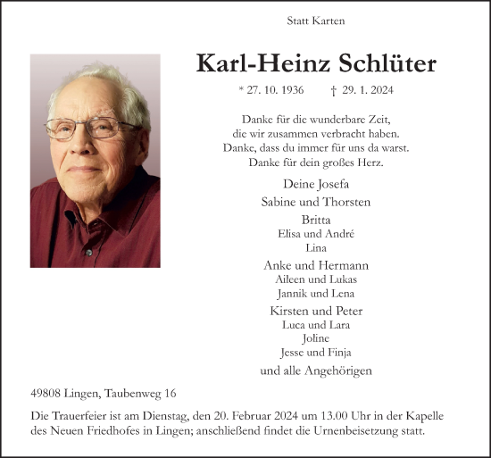 Traueranzeige von Karl-Heinz Schlüter von Neue Osnabrücker Zeitung GmbH & Co. KG