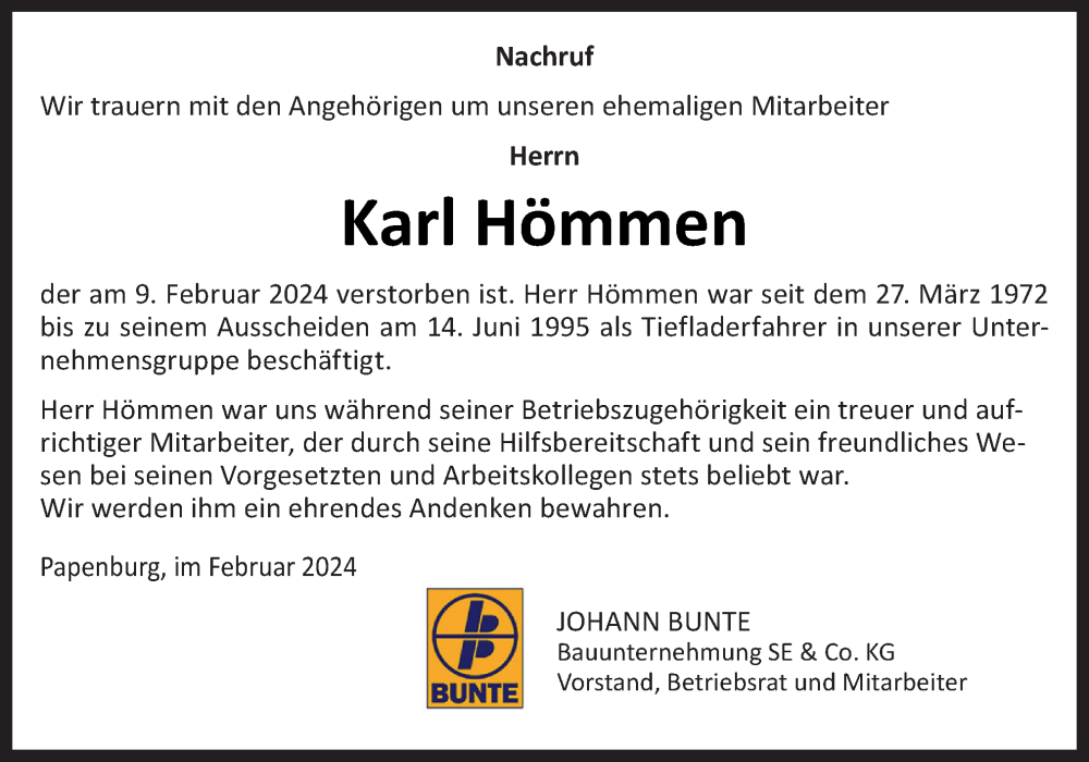  Traueranzeige für Karl Hömmen vom 12.02.2024 aus Neue Osnabrücker Zeitung GmbH & Co. KG