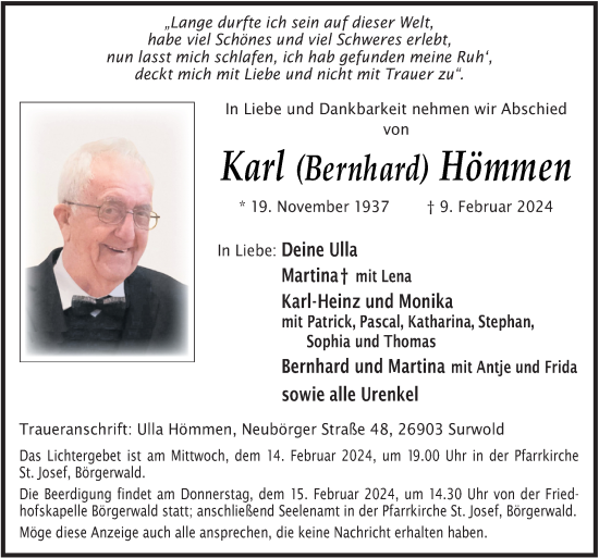 Traueranzeige von Karl Bernhard Hömmen von Neue Osnabrücker Zeitung GmbH & Co. KG