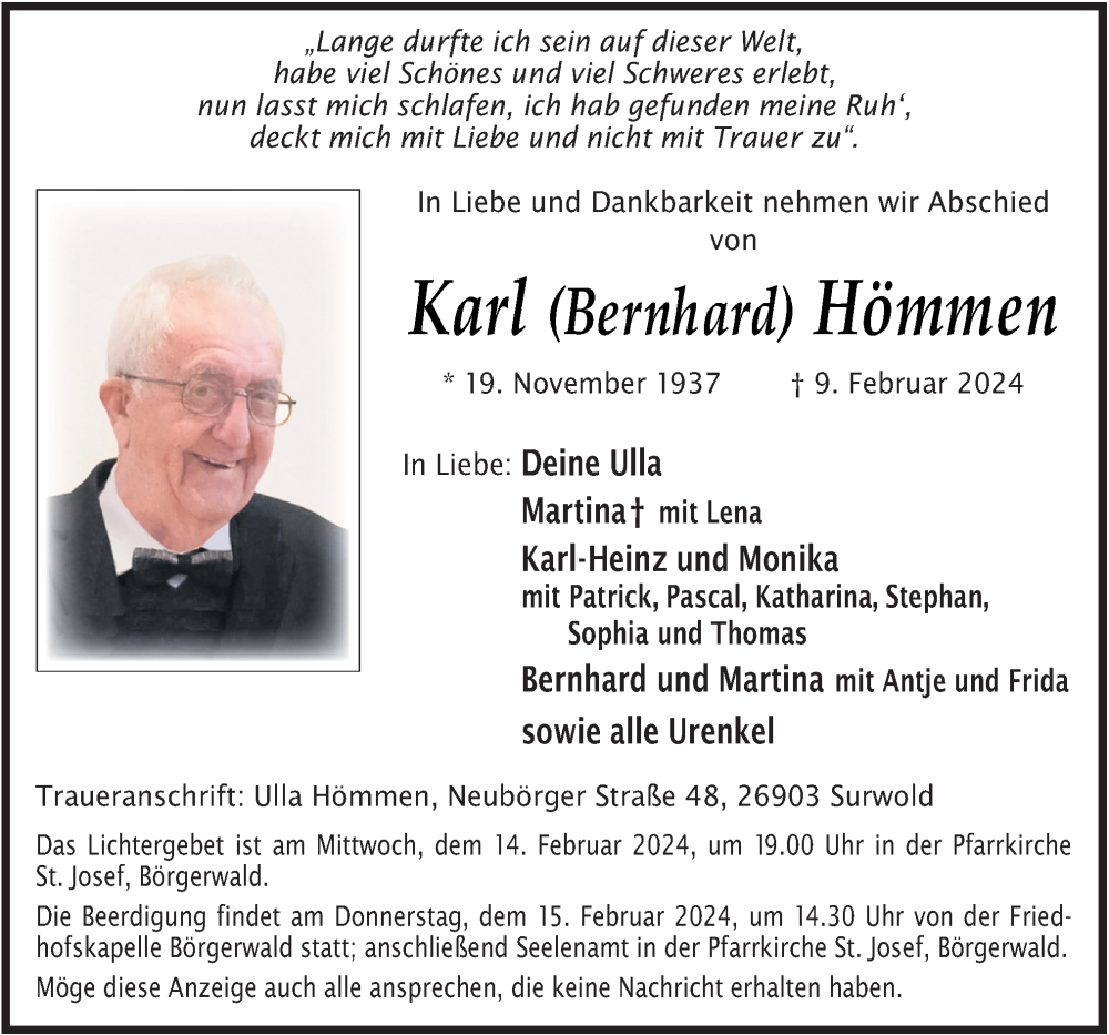  Traueranzeige für Karl Bernhard Hömmen vom 12.02.2024 aus Neue Osnabrücker Zeitung GmbH & Co. KG