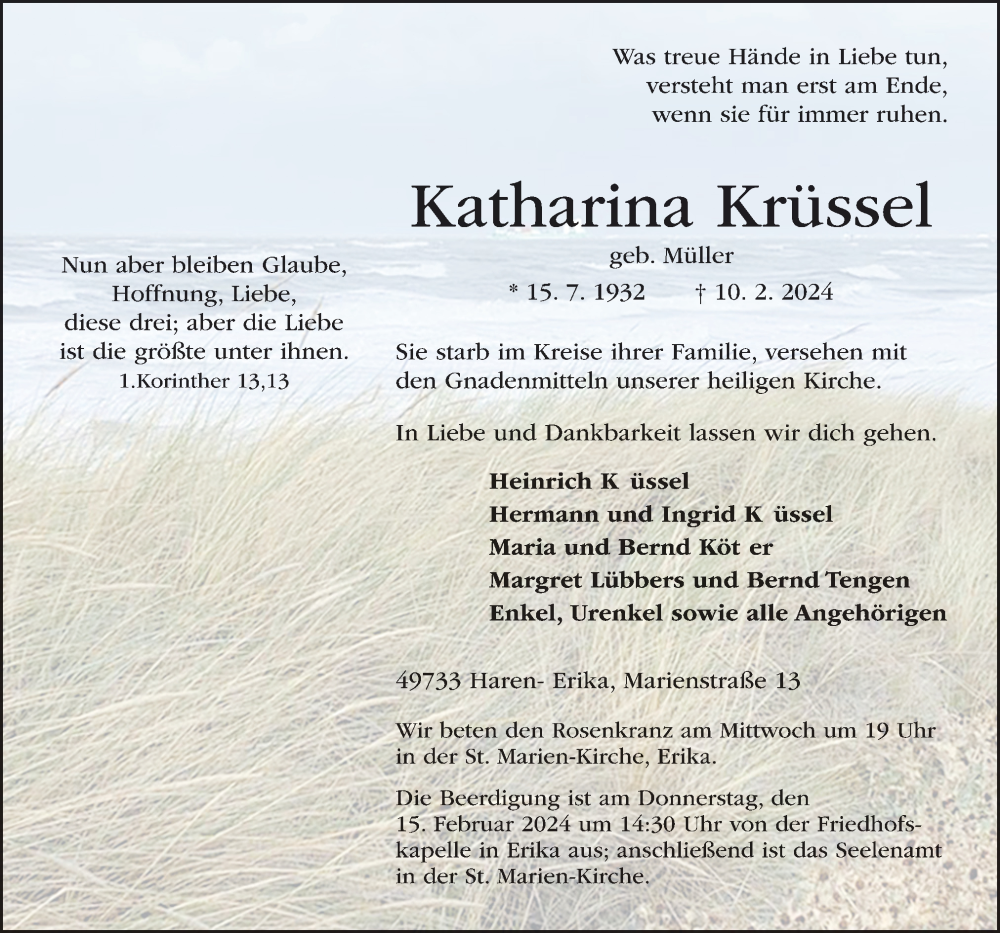  Traueranzeige für Katharina Krüssel vom 12.02.2024 aus Neue Osnabrücker Zeitung GmbH & Co. KG