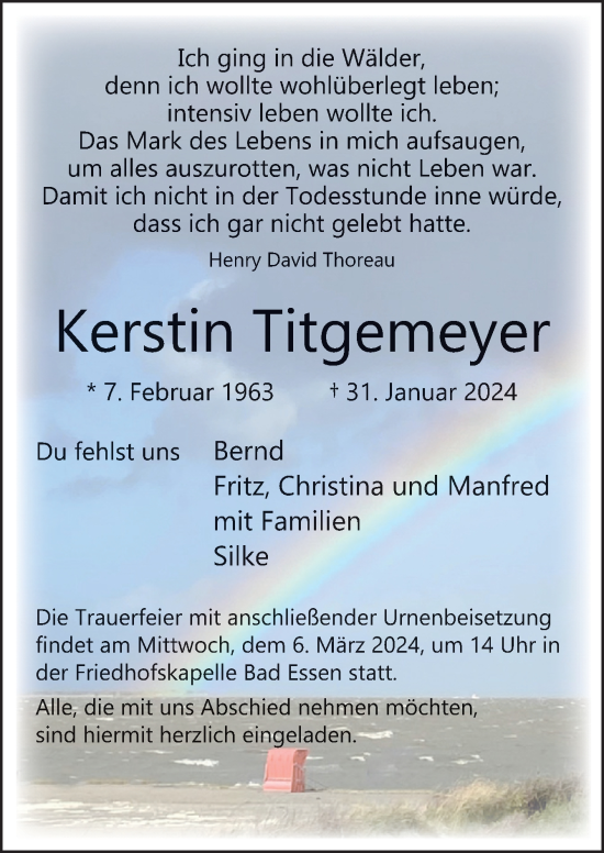 Traueranzeige von Kerstin Titgemeyer von Neue Osnabrücker Zeitung GmbH & Co. KG