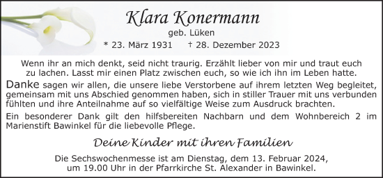 Traueranzeige von Klara Konermann von Neue Osnabrücker Zeitung GmbH & Co. KG