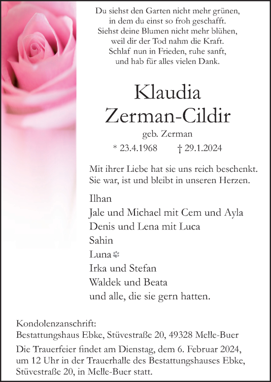 Traueranzeige von Klaudia Zerman-Cildir von Neue Osnabrücker Zeitung GmbH & Co. KG