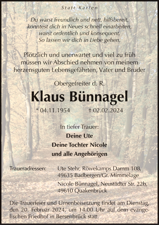 Traueranzeige von Klaus Bünnagel von Neue Osnabrücker Zeitung GmbH & Co. KG