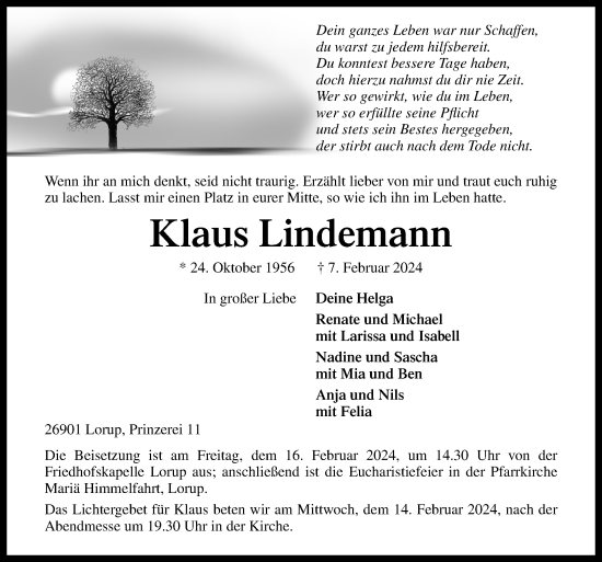 Traueranzeige von Klaus Lindemann von Neue Osnabrücker Zeitung GmbH & Co. KG