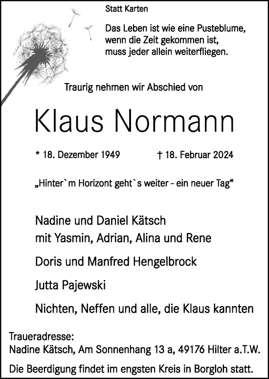 Traueranzeige von Klaus Normann von Neue Osnabrücker Zeitung GmbH & Co. KG