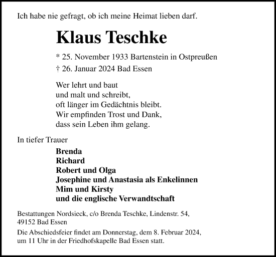 Traueranzeige von Klaus Teschke von Neue Osnabrücker Zeitung GmbH & Co. KG