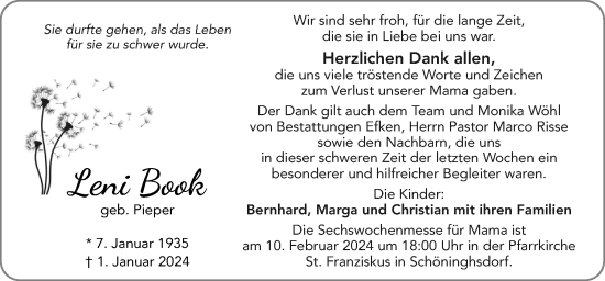 Traueranzeige von Leni Book von Neue Osnabrücker Zeitung GmbH & Co. KG