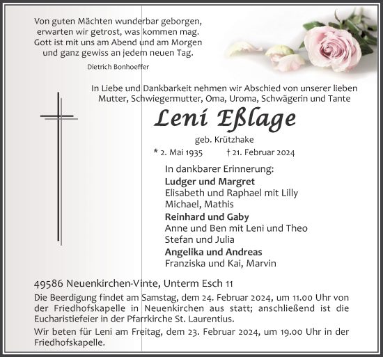 Traueranzeige von Leni Eßlage von Neue Osnabrücker Zeitung GmbH & Co. KG