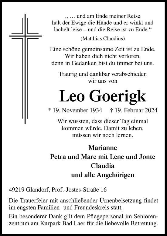 Traueranzeige von Leo Goerigk von Neue Osnabrücker Zeitung GmbH & Co. KG