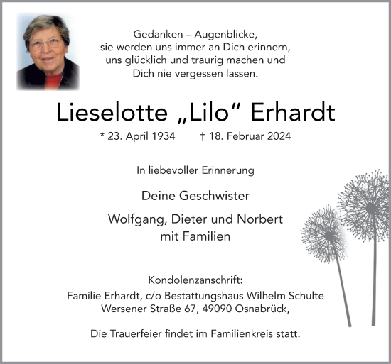 Traueranzeige von Lieselotte Erhardt von Neue Osnabrücker Zeitung GmbH & Co. KG
