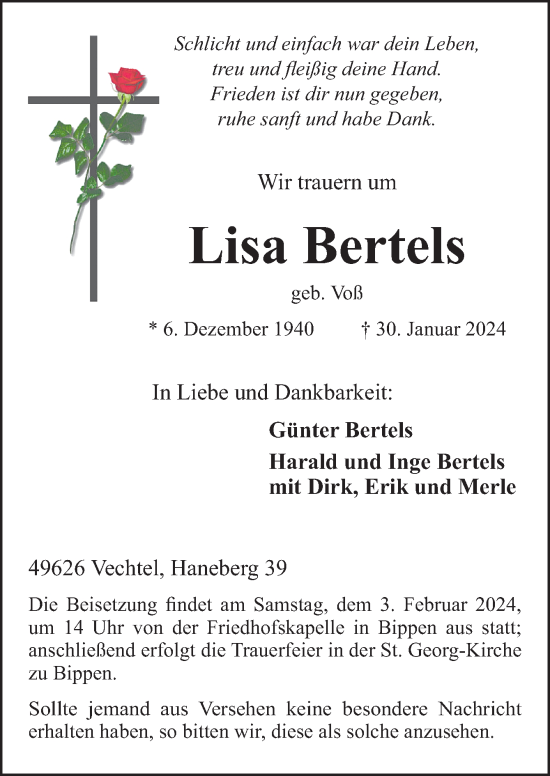Traueranzeige von Lisa Bertels von Neue Osnabrücker Zeitung GmbH & Co. KG