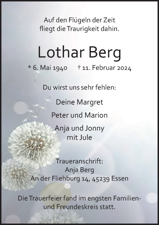 Traueranzeige von Lothar Berg von Neue Osnabrücker Zeitung GmbH & Co. KG