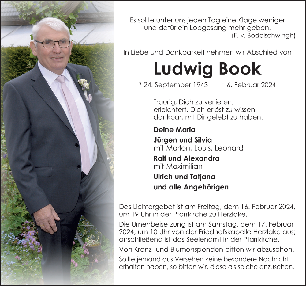  Traueranzeige für Ludwig Book vom 10.02.2024 aus Neue Osnabrücker Zeitung GmbH & Co. KG