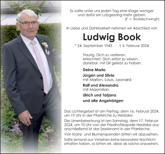 Traueranzeige von Ludwig Book von Neue Osnabrücker Zeitung GmbH & Co. KG
