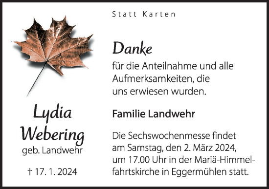 Traueranzeige von Lydia Webering von Neue Osnabrücker Zeitung GmbH & Co. KG