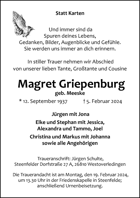 Traueranzeige von Magret Griepenburg von Neue Osnabrücker Zeitung GmbH & Co. KG