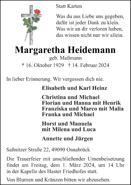 Traueranzeige von Margaretha Heidemann von Neue Osnabrücker Zeitung GmbH & Co. KG