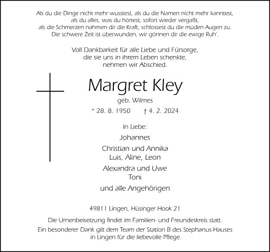Traueranzeige von Margret Kley von Neue Osnabrücker Zeitung GmbH & Co. KG