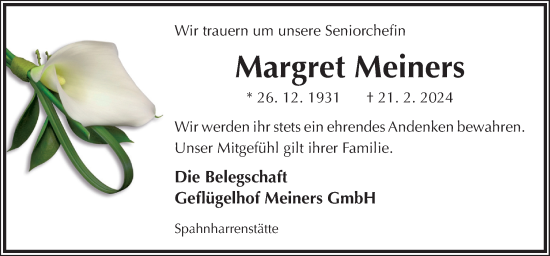 Traueranzeige von Margret Meiners von Neue Osnabrücker Zeitung GmbH & Co. KG