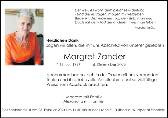 Traueranzeige von Margret Zander von Neue Osnabrücker Zeitung GmbH & Co. KG