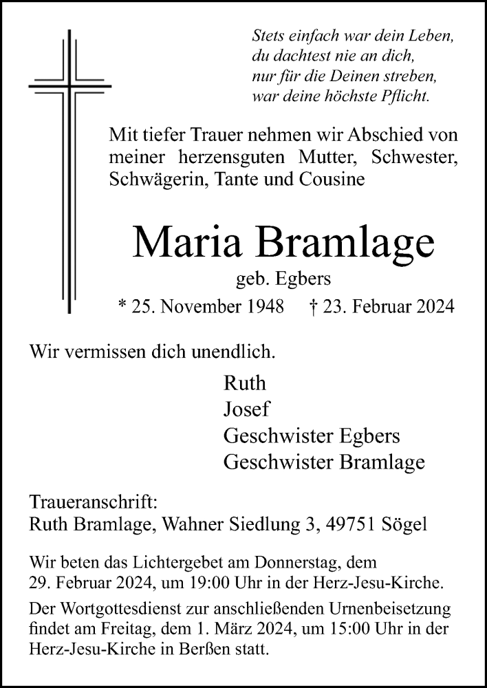  Traueranzeige für Maria Bramlage vom 26.02.2024 aus Neue Osnabrücker Zeitung GmbH & Co. KG