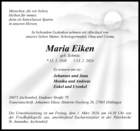 Traueranzeige von Maria Eiken von Neue Osnabrücker Zeitung GmbH & Co. KG