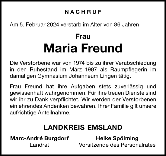 Traueranzeige von Maria Freund von Neue Osnabrücker Zeitung GmbH & Co. KG
