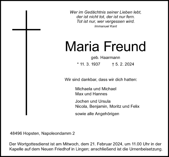 Traueranzeige von Maria Freund von Neue Osnabrücker Zeitung GmbH & Co. KG