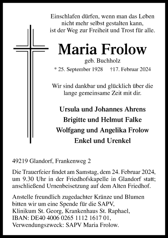 Traueranzeige von Maria Frolow von Neue Osnabrücker Zeitung GmbH & Co. KG