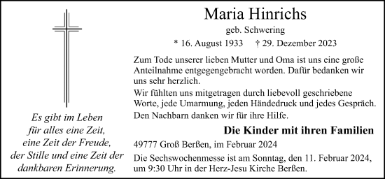 Traueranzeige von Maria Hinrichs von Neue Osnabrücker Zeitung GmbH & Co. KG