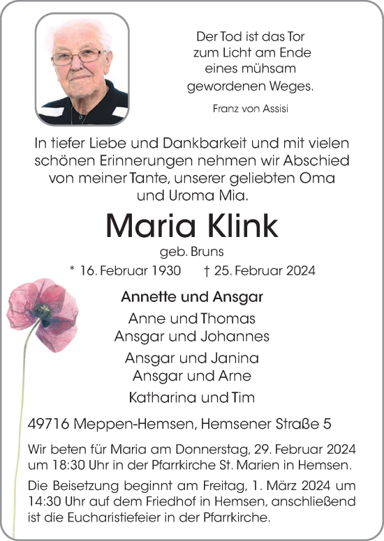 Traueranzeige von Maria Klink von Neue Osnabrücker Zeitung GmbH & Co. KG