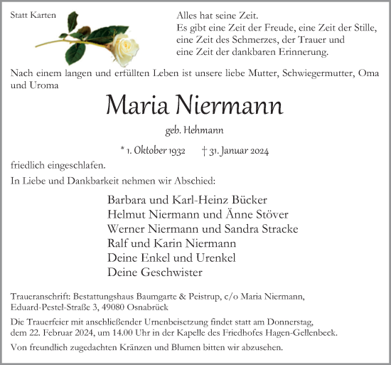 Traueranzeige von Maria Niermann von Neue Osnabrücker Zeitung GmbH & Co. KG