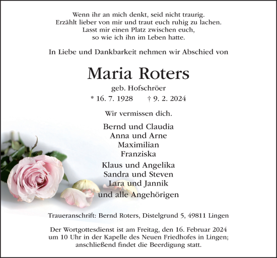 Traueranzeige von Maria Roters von Neue Osnabrücker Zeitung GmbH & Co. KG